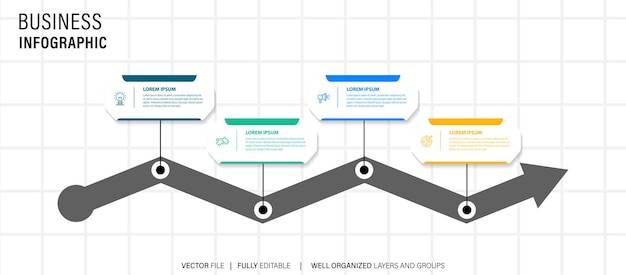 Zeitleisten-Infografik mit Infodiagramm. Moderne Präsentationsvorlage mit 4 Schritten für den Geschäftsprozess