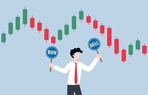 Zeitliche entscheidung, in das börsenkonzept zu investieren geschäftsmann, der sich das candlestick-diagramm ansieht, um zu investieren