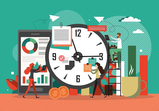 Zeitmanagement-Konzept-Vektor-Illustration. Uhr, Geschäftsplan, Projektschluss. Team macht Überstunden. Workflow-Organisation. Effektive Arbeitsplanung