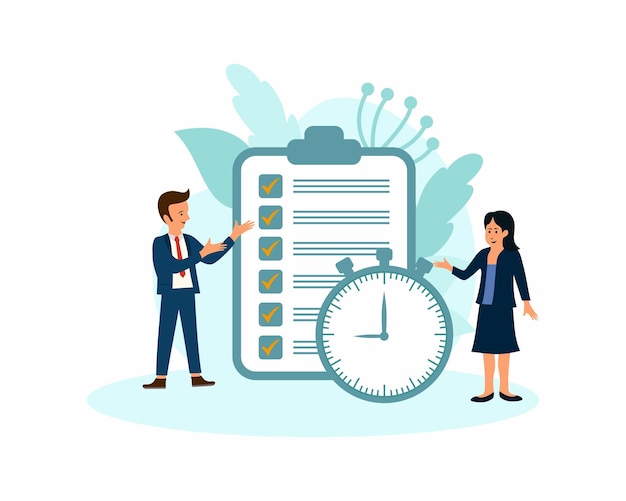 ZeitmanagementMenschen auf dem Hintergrund der Aufgabenliste und der Uhr lösen die AufgabenPoster im Business-StilVektorillustration