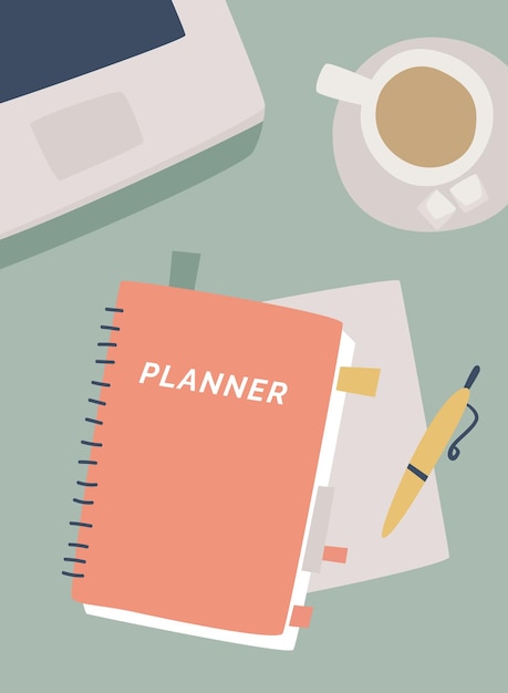 Zeitplanungskonzept. Draufsicht des Notizblocks mit Wortplaner auf Desktop, Stift, Kaffee, Laptop. Vektor-Illustration