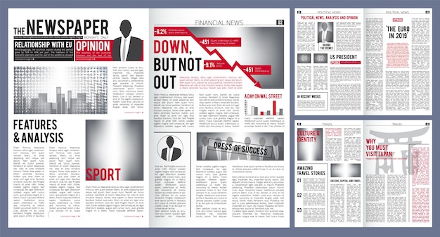 Zeitungsvorlage. drucklayout der schlagzeile des zeitungsdeckels und der finanzartikel mit platz für textvektor