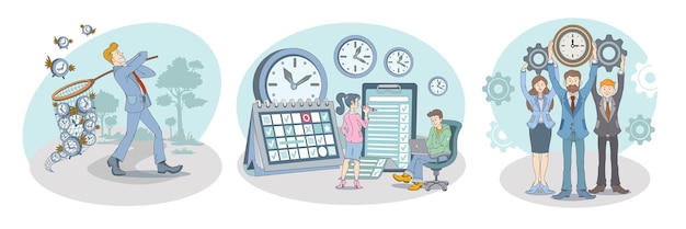 Zeitverwaltung mit verschiedenen arbeitnehmern, die ihre arbeit pünktlich erledigen