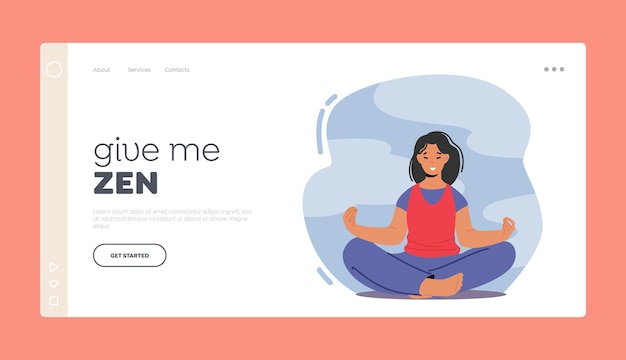 Zen-landing-page-vorlage. harmonie, yoga-meditation über die natur. frau meditiert in lotus-pose, weiblicher charakter genießt entspannung im freien für emotionales gleichgewicht. cartoon-vektor-illustration