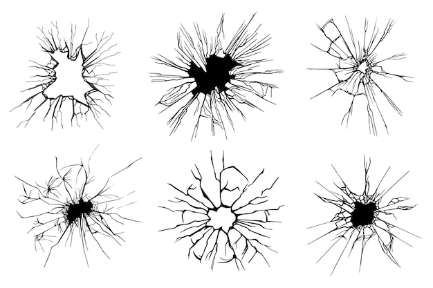 Vektor zerbrochenes glasstempelset isolierte elemente set aus zerbrochenem spiegeleffekt zerkleinertem glas mit kugel