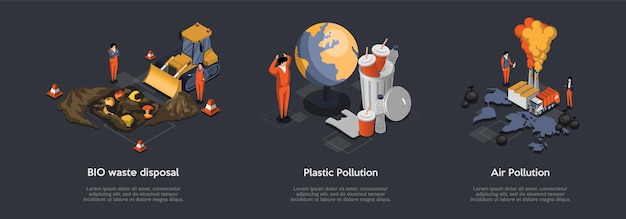 Zero Waste BIO Abfallentsorgung Luftverschmutzung Wiederverwendung Umweltfreundlich Segregation Recycling Müllprozess Charaktere Sammeln und Recycling von Müll in der Fabrik Isometrische 3D-Vektorillustrationen festgelegt