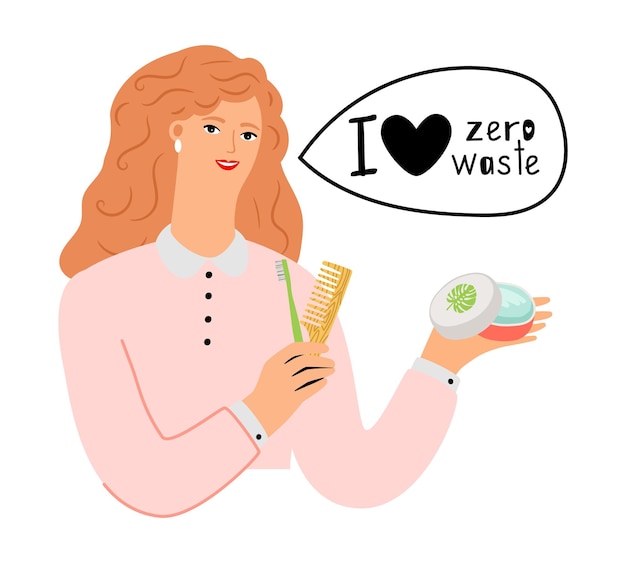 Zero-waste-konzept. frau mit bio-kosmetik und natursachen-vektorillustration