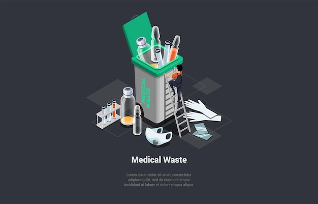 Zero waste reuse ecofriendly segregation und recycling müll männliche figur sammelt und wirft medizinische abfälle in container recycling medizinischer müll isometrische 3d-vektor-illustration