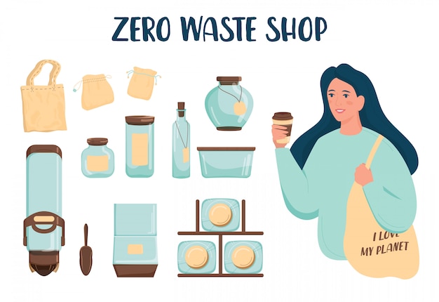 Zero waste shop set. spender für schüttgüter, glas und textil