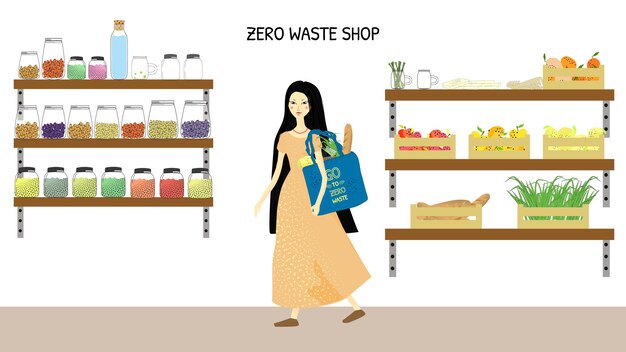 Zero waste shop und ein asiatisches mädchen mit einer öko-einkaufstasche aus blauem stoff keine plastiktüte regale mit obstgläsern bambusstrohhalmen vektorillustration