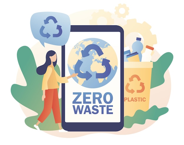 Zero waste text auf dem smartphone-bildschirm recycling von müll winzige frau, die müll sortiert