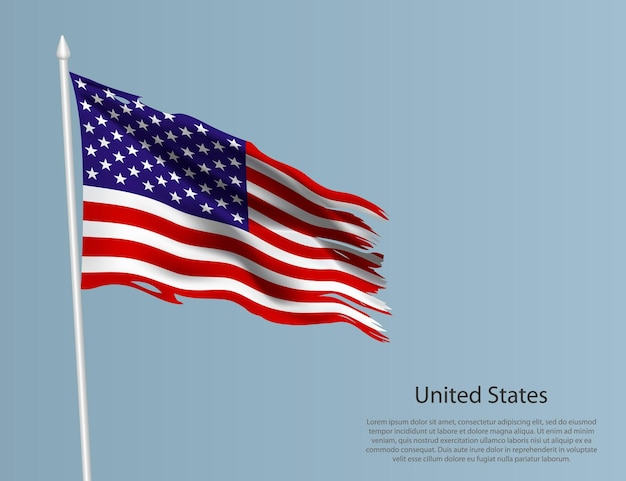 Zerrissene Nationalflagge der Vereinigten Staaten Wellenförmiger zerrissener Stoff auf blauem Hintergrund Realistische Vektorillustration