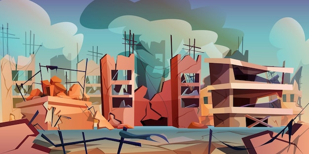 Zerstörte Stadt nach Krieg oder Naturkatastrophe im Cartoon-Stil
