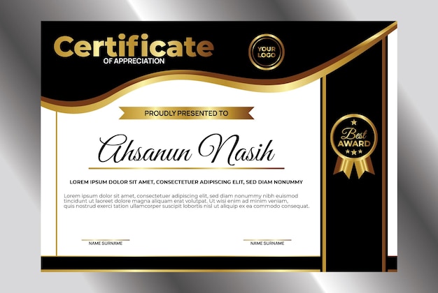 Zertifikat-Design-Vorlage Schwarzgold elegant flach