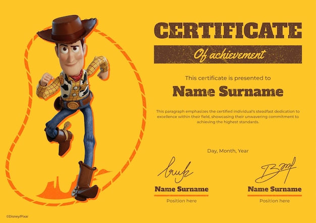 Zertifikat für die Spielzeuggeschichte von Woody