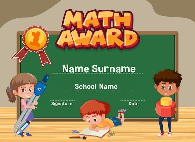 Zertifikatschablone für mathepreis mit kindern im klassenzimmerhintergrund