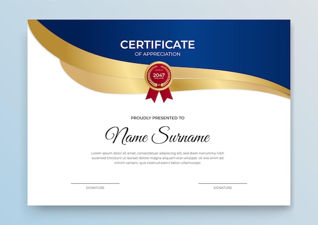 Zertifikatvorlage blau und gold. moderner online-kurs, diplom, corporate training certificate design