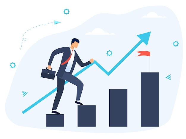 Vektor zielerreichung und erfolgskonzept mit geschäftsmann, der stufen auf einem aufsteigenden diagramm klettert, gefärbt