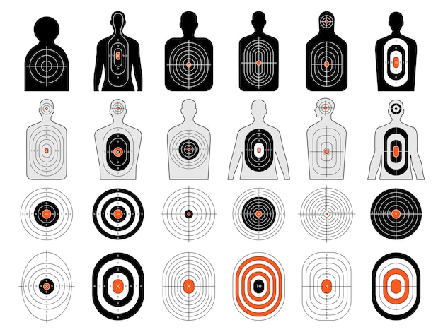 Vektor zielformen, vorlagenformulare für das schießen mit militärischen waffen, bögen und pfeilen, schießplatzpapier, aktuelles vektor-stilisiertes set