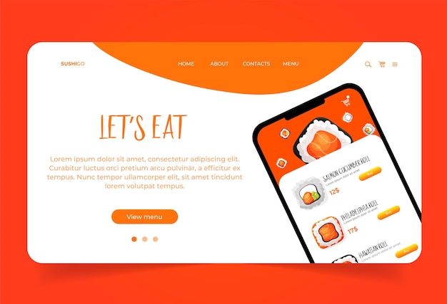 Zielseite mit telefon-prototypen-app mit asiatischer lebensmittel-website mit sushi für unternehmen