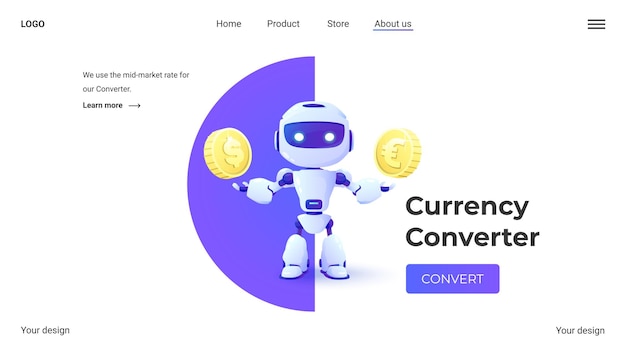 Vektor zielseite mit währungsumrechner geldumrechnung 3d-web-vektor-illustrationen mit robotern