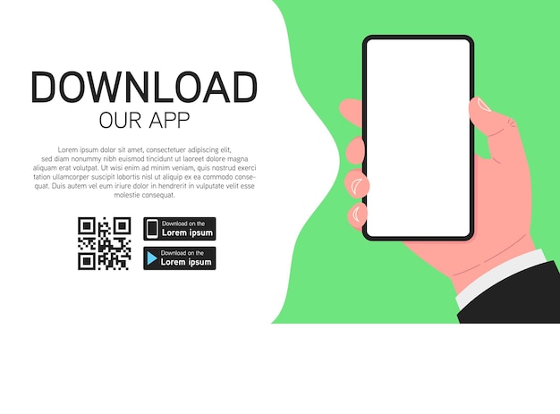 Zielseite zum herunterladen der mobilen app männliche hand mit smartphone isoliert auf grünem hintergrund vektorillustrationxa