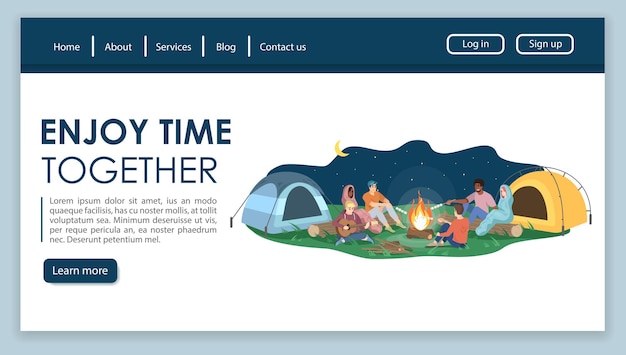 Zielseiten-vektorvorlage für campingausflüge. outdoor-reise-website-schnittstellenidee mit flachen illustrationen. layout der homepage der tourismusagentur. freunde sitzen am lagerfeuer. webbanner, webseiten-cartoon-konzept