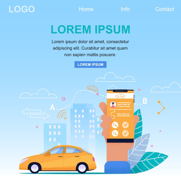 Zielseiten-webvorlage für den taxi online application service. gelbes auto im stadtbild und im arm, die smartphone halten. fahrkartenantrag