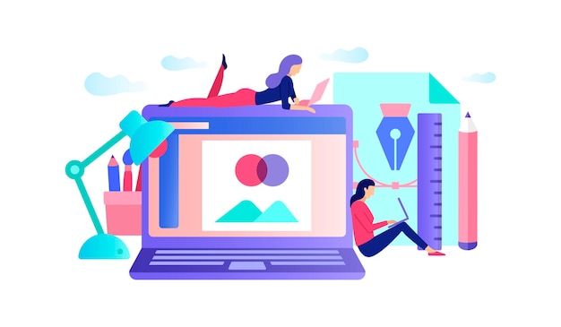 Zielseitenvorlage des Grafikdesigners Konzept Arbeitsplatz mit Computer- und Büroausstattung Modernes flaches Designkonzept des Webseitendesigns für Website und mobile WebsiteVektorillustration