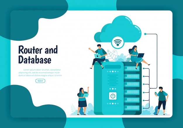 Zielseitenvorlage des routers und des datenbankdienstes. wifi-netzwerk und infrastruktur für internetverbindung und sicheren zugang. illustration von landing page, website, mobilen apps, poster, flyer