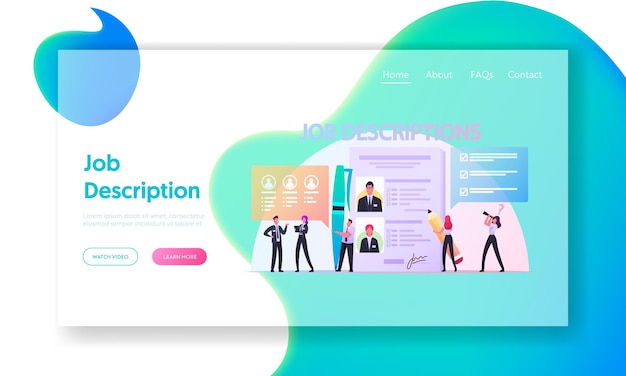 Vektor zielseitenvorlage für arbeitsbeschreibungen. winzige arbeitgeber-charaktere, die den lebenslauf des personals lesen, bewerber, die einen job in der internet-ressource suchen. rekrutierung headhunting. cartoon-menschen-vektor-illustration
