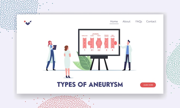 Zielseitenvorlage für neurowissenschaften und neurochirurgie. winzige arztfiguren, die riesige infografiken mit aneyrismus-typen auf arterie präsentieren. symptome von gehirnerkrankungen,. cartoon-menschen-vektor-illustration