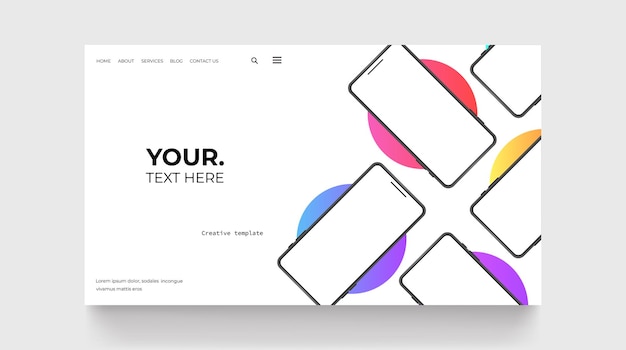 Vektor zielseitenvorlage für telefonpräsentationen mit realistischen telefonen auf farbverlaufshintergrund