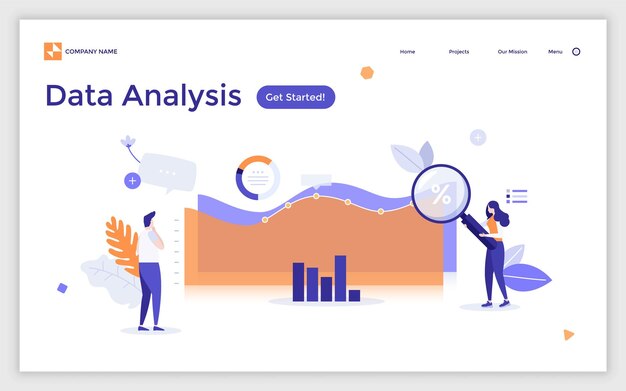 Vektor zielseitenvorlage mit mann und frau mit lupe, die diagramme und grafiken analysiert konzept der statistischen oder finanziellen datenanalyse moderne flache vektorillustration für website-banner