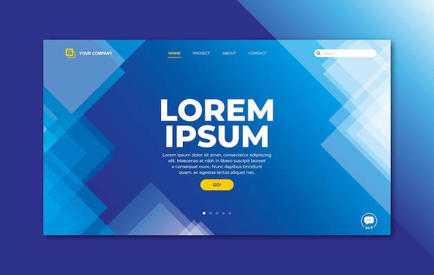 Zielseitenvorlage mit transparentem glas in dreieckiger geometrischer form auf blauem hintergrund für die homepage der website