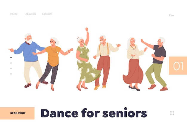 Vektor zielseitenvorlage „tanz für senioren“ für einen onlinedienst, der älteren menschen aktive freizeitgestaltung bietet