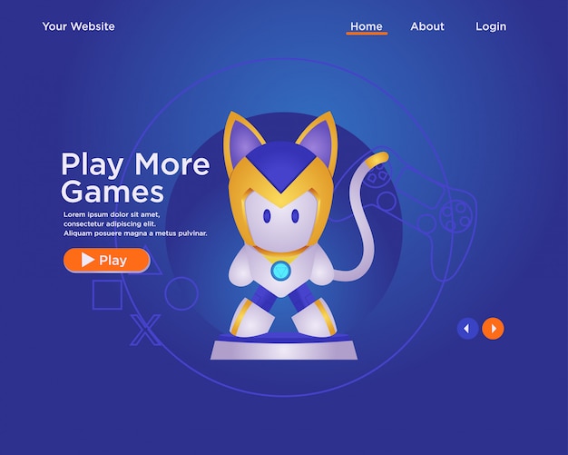 Zielseitenvorlage, webdesign-vorlage gamer mit charakter. robot cat