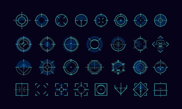 Zielzeiger ui HUD futuristischer Zielradarrahmen Militärwaffe Scharfschützen-Cursor virtuelles Hologrammelement für Dashboard-Infografik-Gaming-Design Vektorset