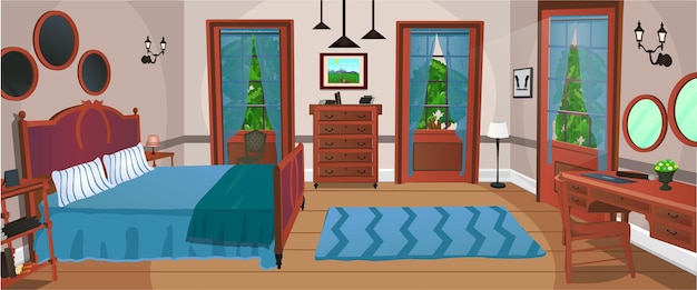 Zimmer im Innenraum, Cartoon-Wohnzimmer, Kinderzimmer mit Möbeln. Jugendzimmer