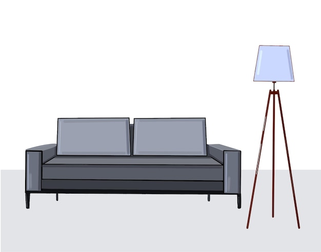 Zimmer mit grauem Sofa und moderner Innenarchitektur-Vektorillustration der Stehlampe