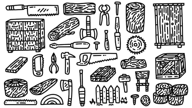 Vektor zimmerei- und holz-icon-set mit handgezeichneter vektorsammlung im doodle-stil