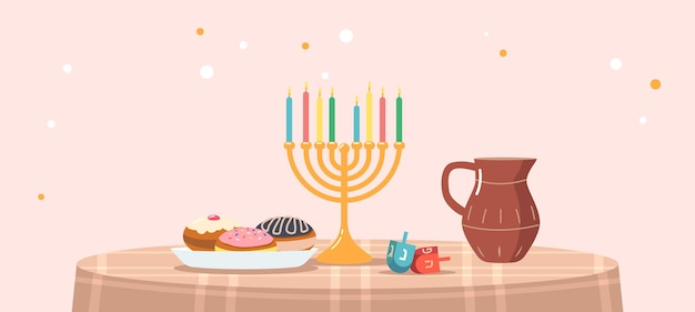 Zimmereinrichtung mit serviertem tisch zum feiern von chanukka, dem jüdischen lichterfest. kerzen auf traditionellen menorah, krug und sufganiyah donuts, israel holiday. cartoon-vektor-illustration
