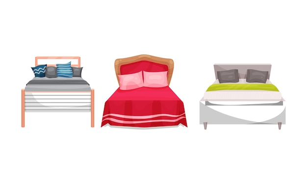 Zimmermöbel mit Doppelbett und Kissen darauf Vektor-Set
