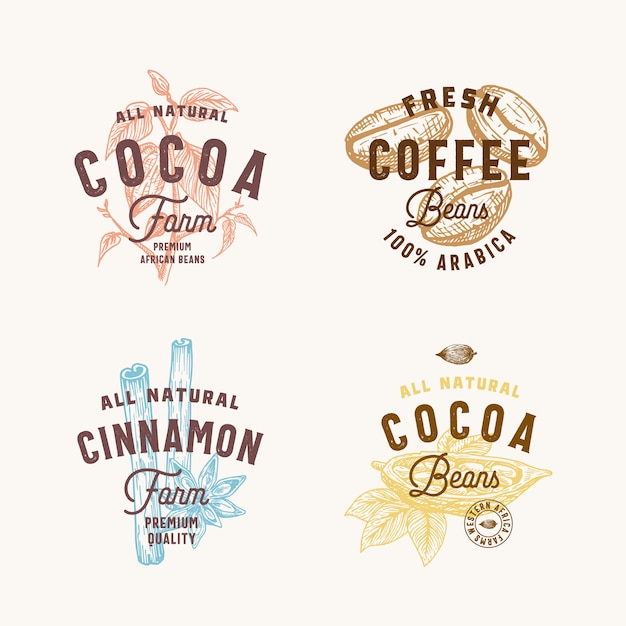 Zimt, anis gewürze, kakao und kaffee abstraktes zeichen, symbol oder logo vorlagen set. handgezeichnete gewürze und bohnen silhoettes mit premium vintage typografie. vintage embleme.