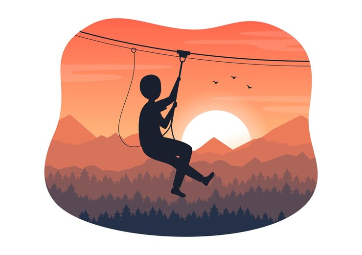 Vektor zip-line-illustration mit besuchern, die auf einem hindernisparcours im wald in cartoon-hand gezeichnet spazieren