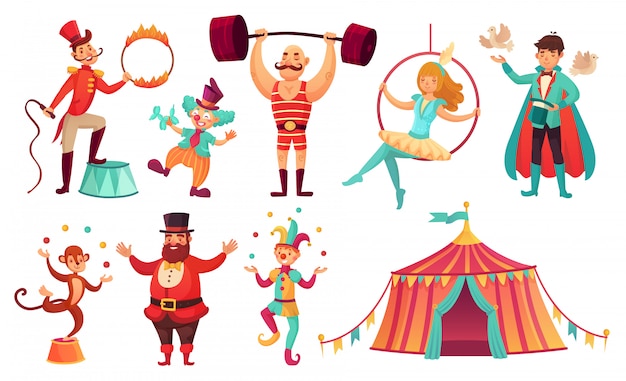Vektor zirkusfiguren. jonglier-tiere, jonglier-künstler-clown und starker-mann-darsteller. cartoon illustration gesetzt