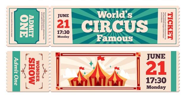 Zirkuskarten Retro-Cartoon-Zirkus-Event-Einladung mit strukturiertem Papier für Kabarett-Festival-Feiertags-Vergnügungsfeier Vektor-Set Zaubershow-Eintrittsgutschein-Unterhaltung