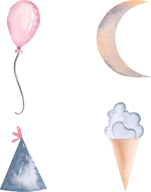 Zirkusluftballon, Mond, Hut und Zuckerwatte-Aquarellillustration.