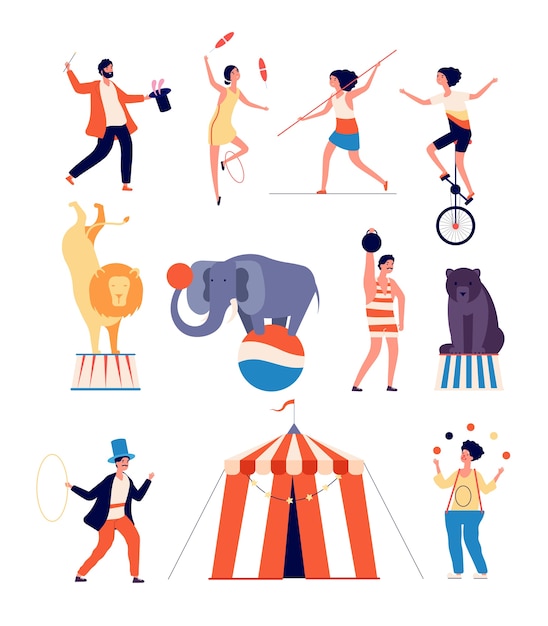 Zirkusschauspieler. Clown und Zauberer, Jongleur und Balancer, Tiertrainer und starker Mann. Shapito Zirkus isolierte Charaktere. Illustrationskünstler, Clown und Elefant, Turner und Jongleur