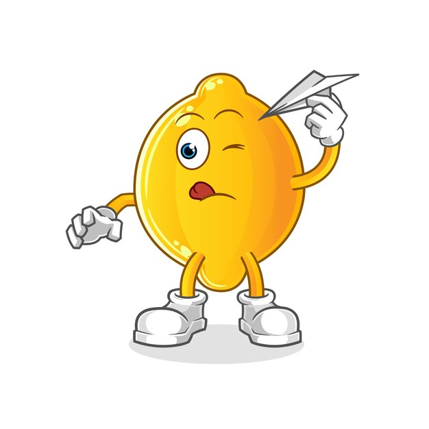 Zitrone mit Papierflugzeugcharakter. Cartoon Maskottchen